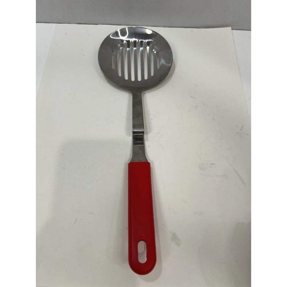 Hangable Red Silicone Handle Kitchen Slotted Spoon Hook Bent Handle For Hanging